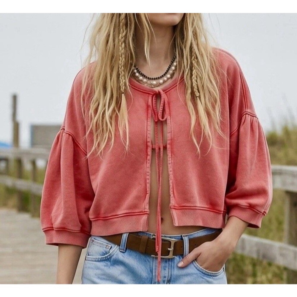 Free People Puff Sleeve Cardigan Red Cayenne Front Tie Sweater Medium NEW